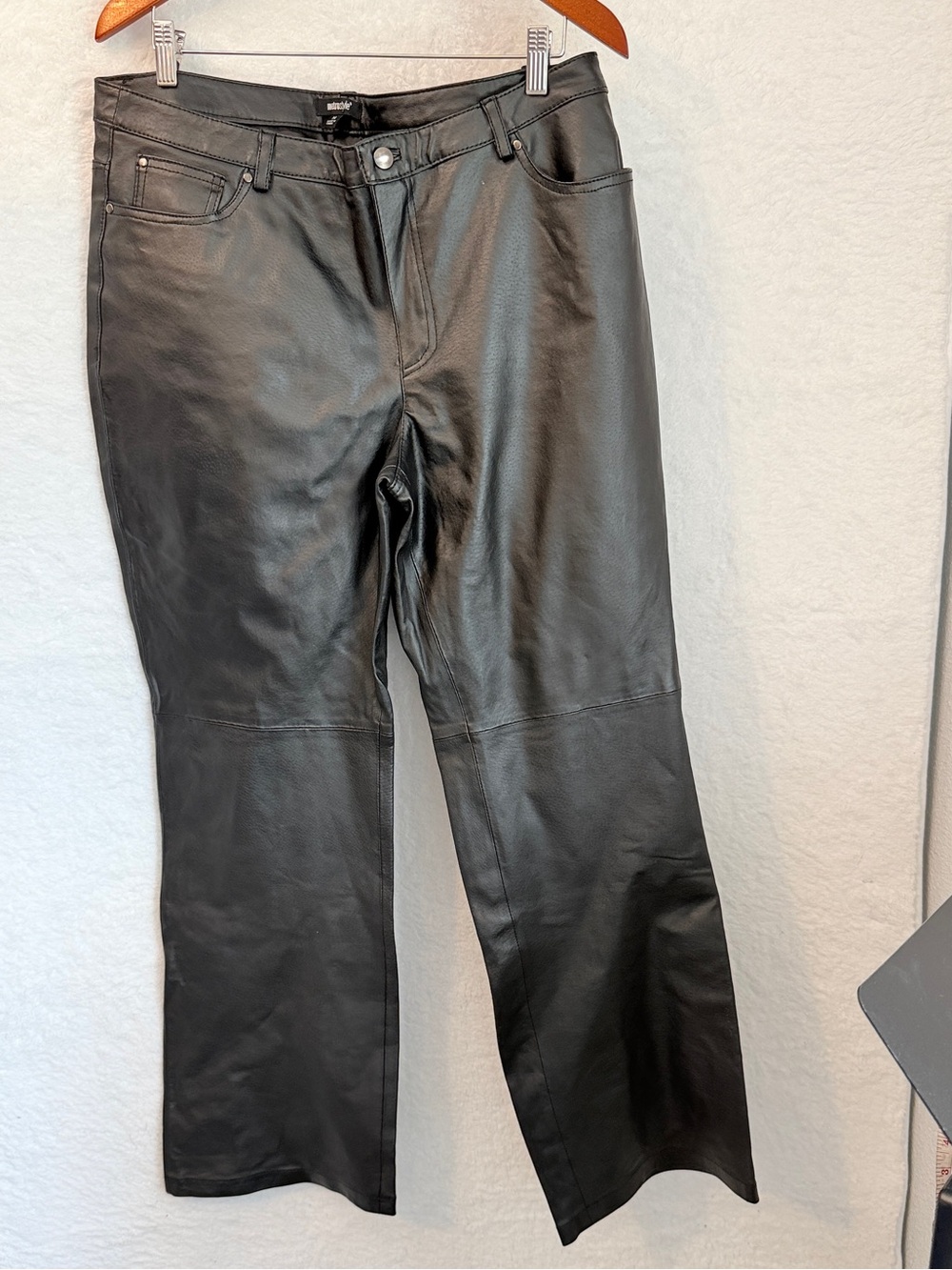 Metrostyle Black Leather Pants Size 14 Straight Leg Five Pocket Y2K Moto Biker